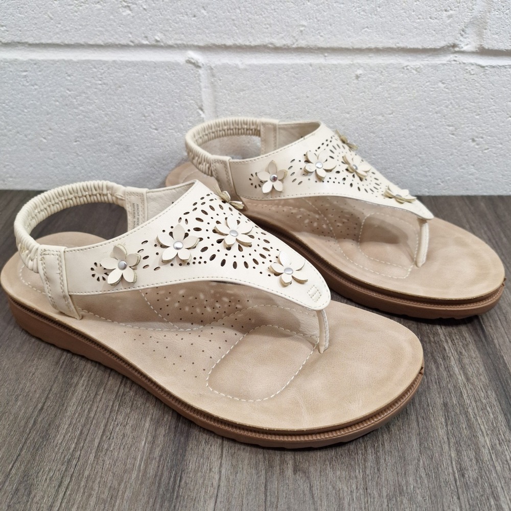 Andiamo Ayacht Women Cream Floral Laser Cut Slingback Thong Sandals Wide 9 Wide - Picture 2 of 7